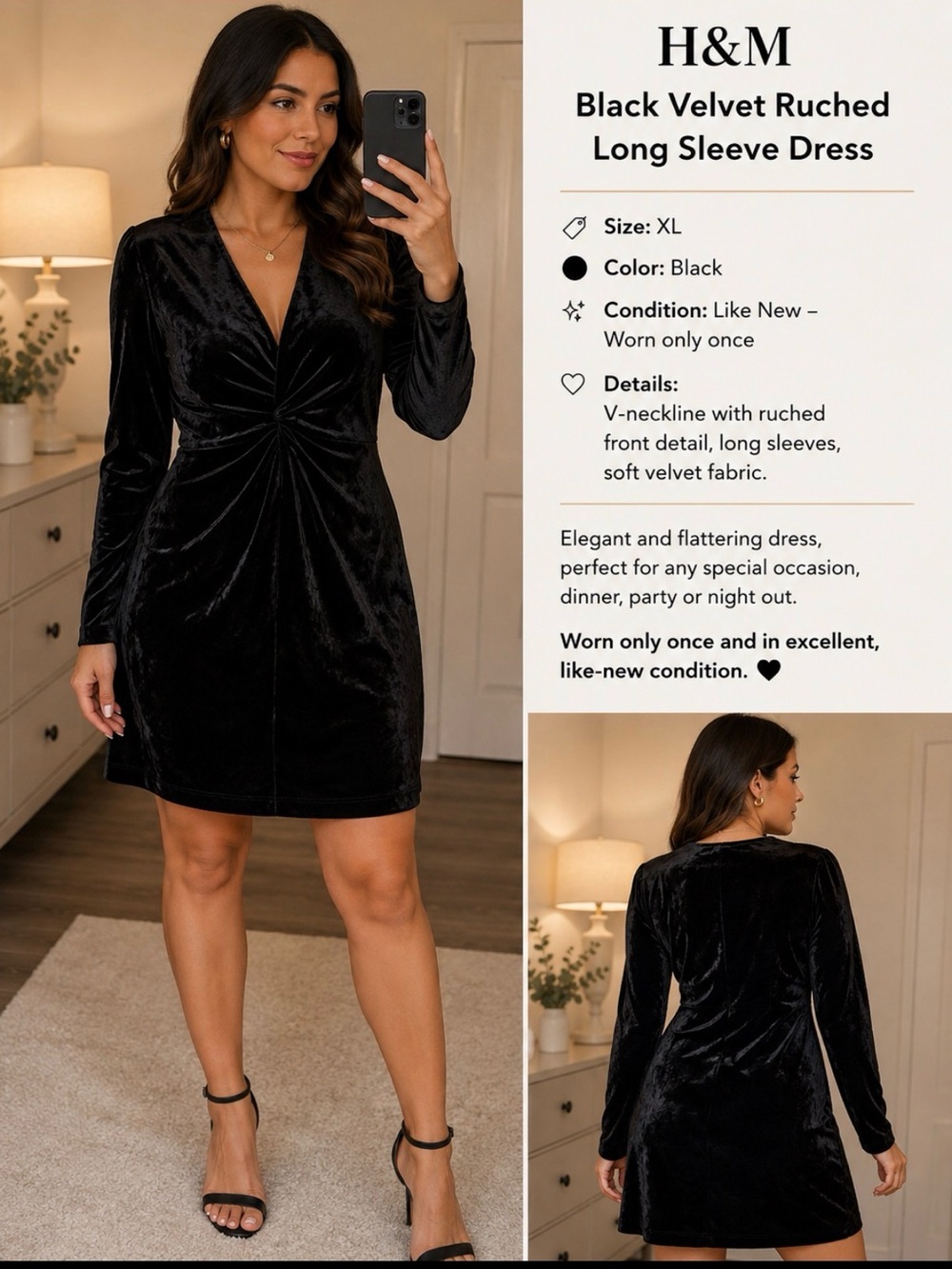 H&M Black Velvet Ruched Long Sleeve Dress – Size XL